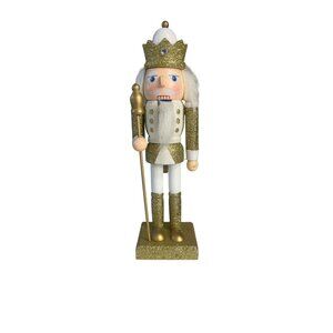 Nutcracker Figurine Gold White Glitter Wooden Christmas Decoration New